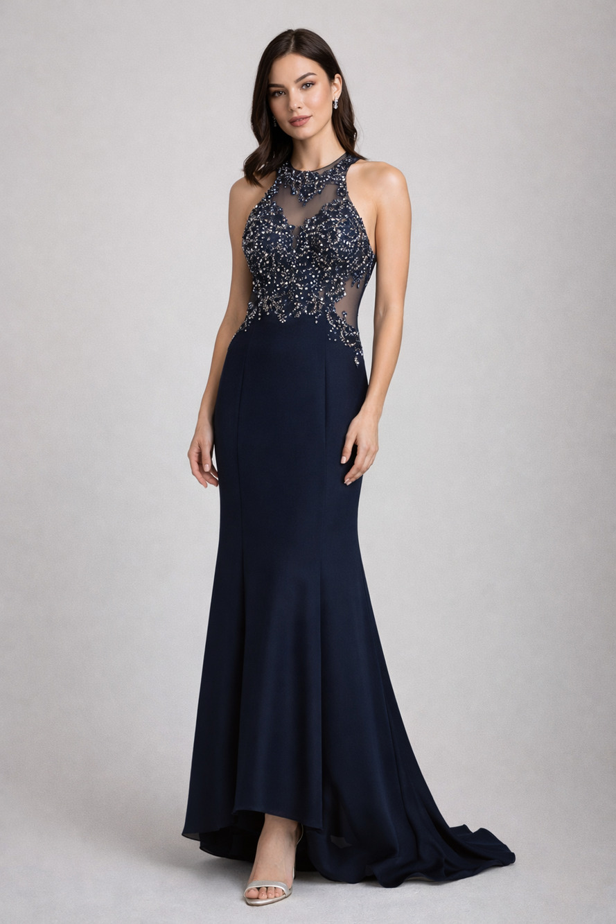 Camille‎ La Vie Navy Beaded Formal Gown Prom Evening Dress Sz 0